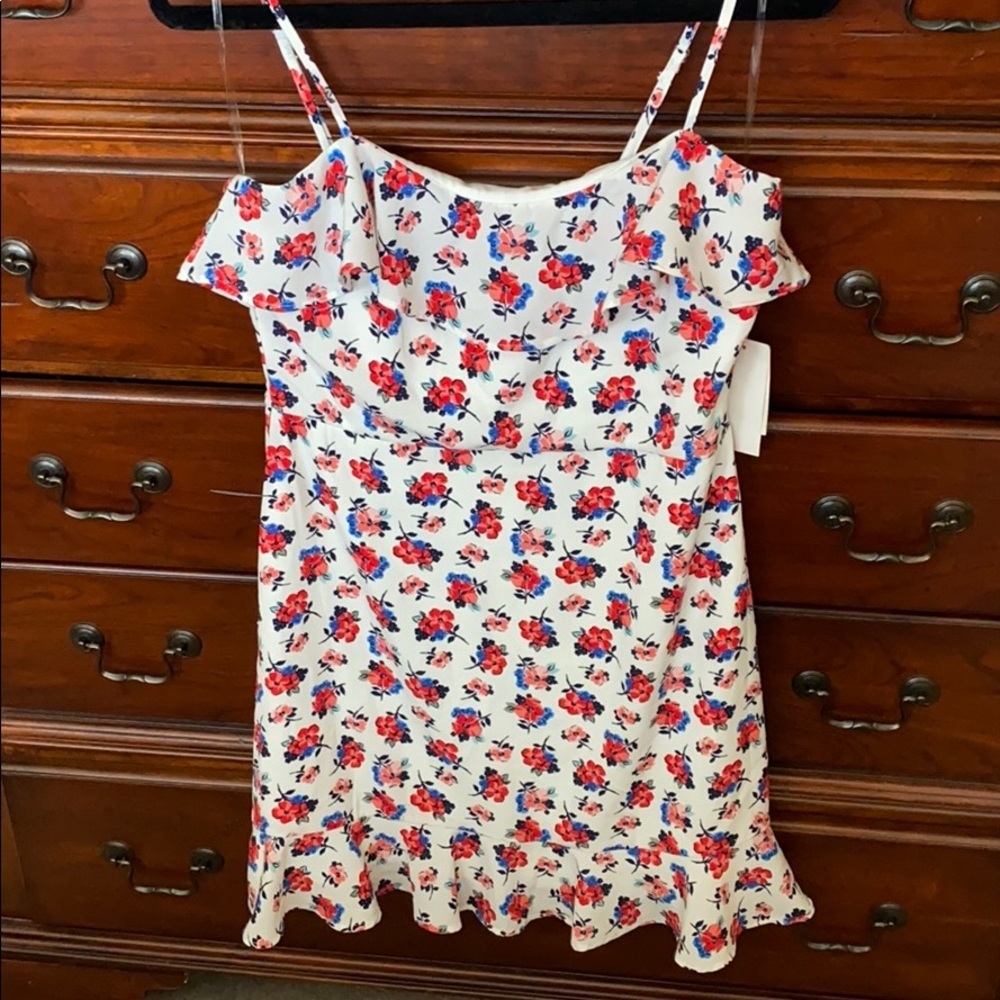Row A Nordstrom Floral Ruffle Detail Mini Dress White Womens Large NWT